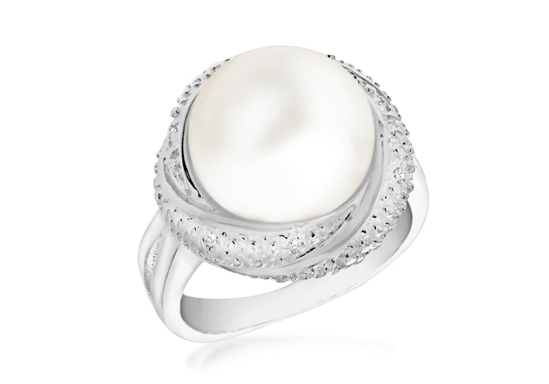Sterling Silver Zirconia & Pearl Over Ring