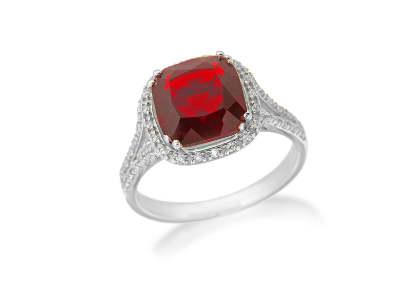 Sterling Silver Rhodium Plated White Zirconia  and Square Red Crystal  Ring