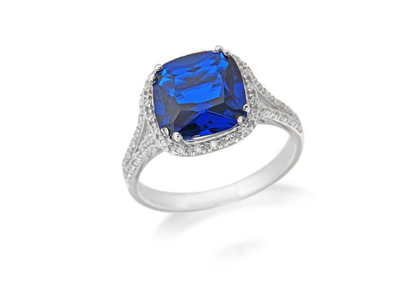 Sterling Silver Rhodium Plated Sqaure Blue and White Zirconia  Ring