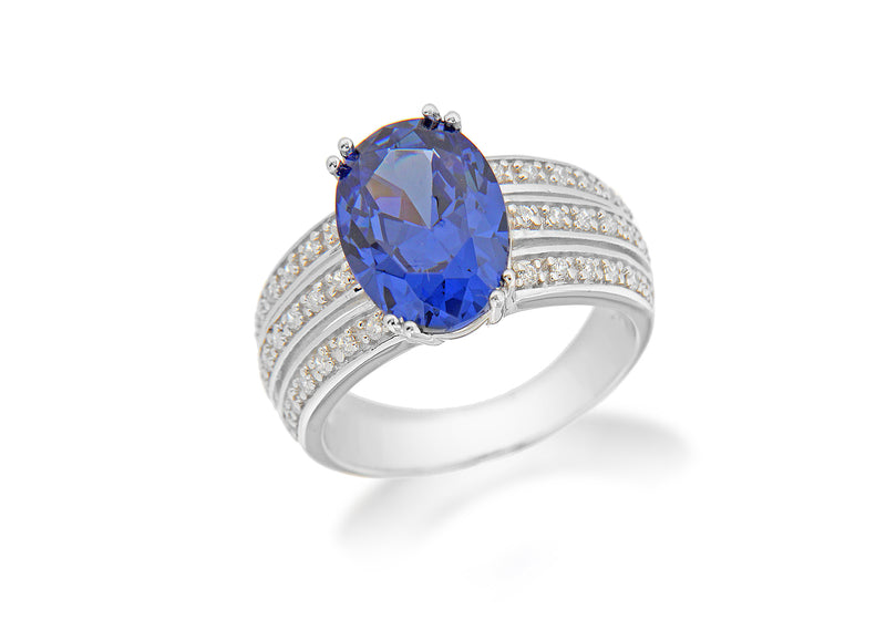 Sterling Silver Rhodium Plated Oval Tanzanite and White Zirconia  Ring