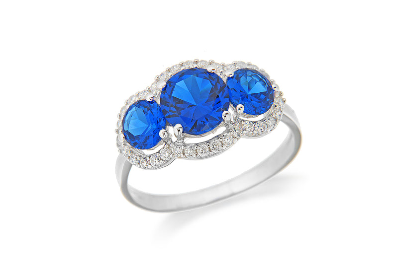 Sterling Silver Rhodium Plated Triple Blue and White Zirconia  Graduated Ring