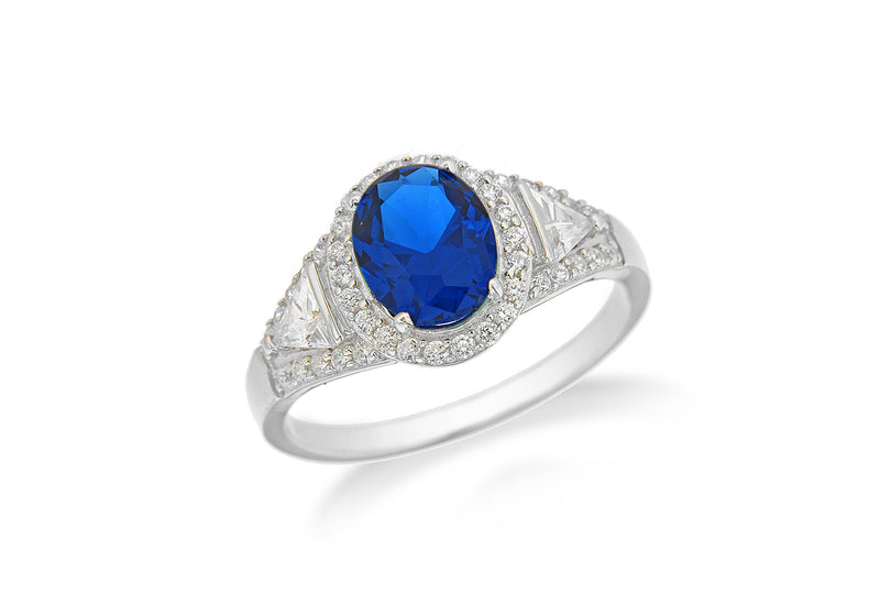 Sterling Silver Rhodium Plated Blue and White Zirconia  Oval Cluster Ring