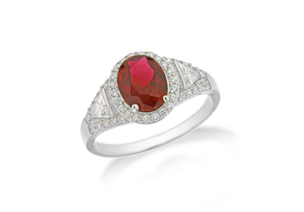 Sterling Silver Rhodium Plated Ruby and White Zirconia  Oval Cluster Ring