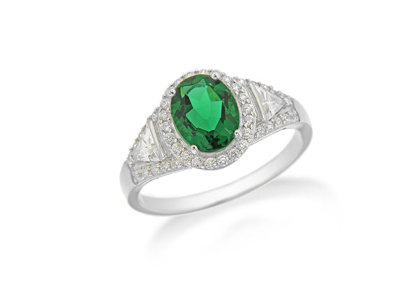 Sterling Silver Rhodium Plated White Zirconia  and Green Crystal Cluster Ring