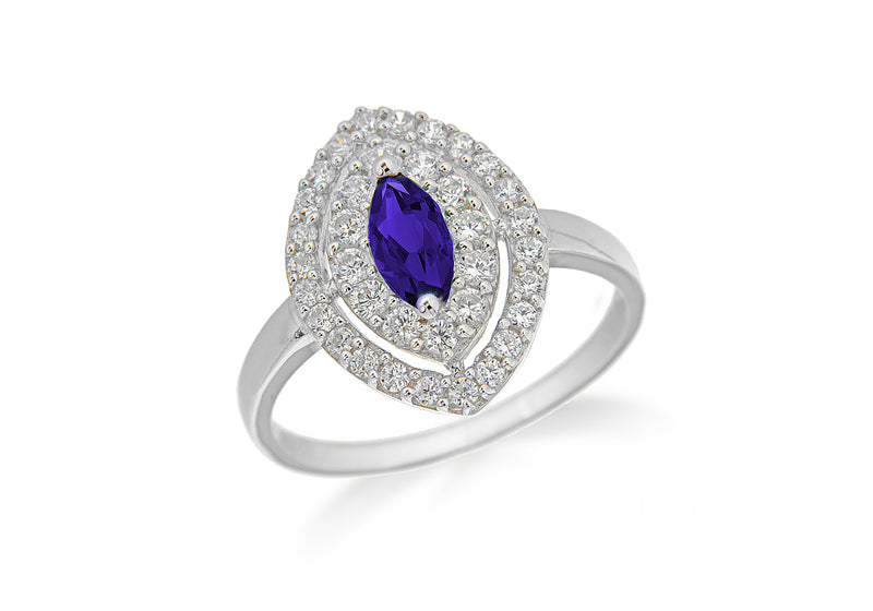 Sterling Silver Rhodium Plated Sapphire and White Zirconia  Elliptic Ring