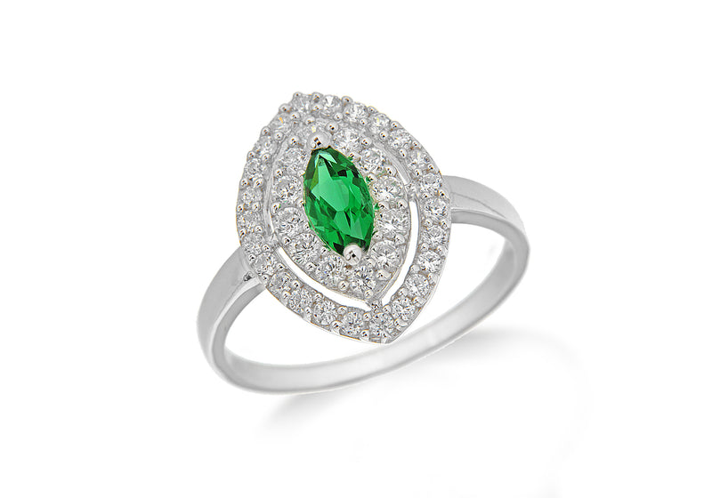 Sterling Silver Rhodium Plated White Zirconia  and Green Crystal Elliptic Ring