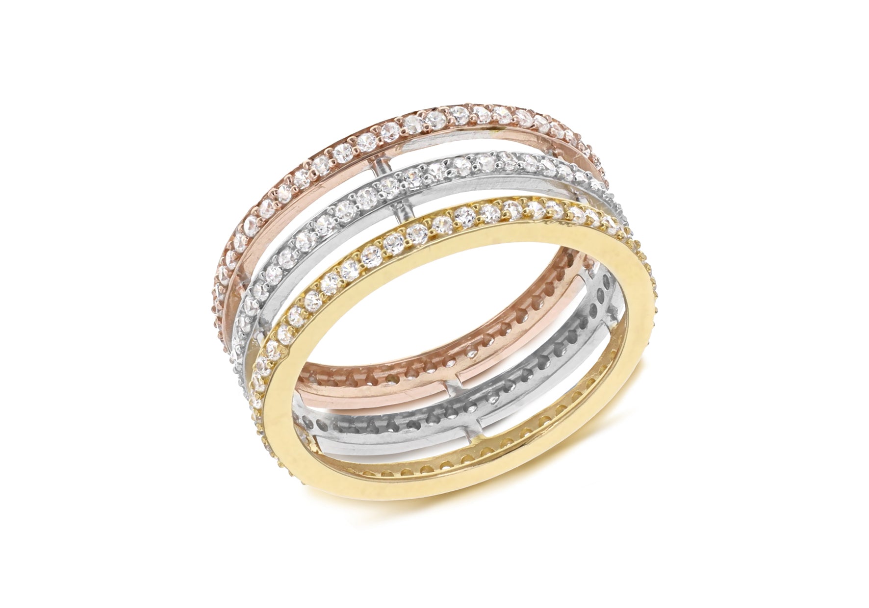 Sterling Silver Zirconia  3-Tone Triple Band Ring