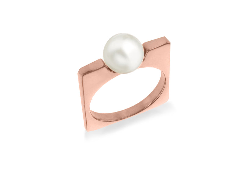 Sterling Silver Rose Gold Pearl Set Square Ring