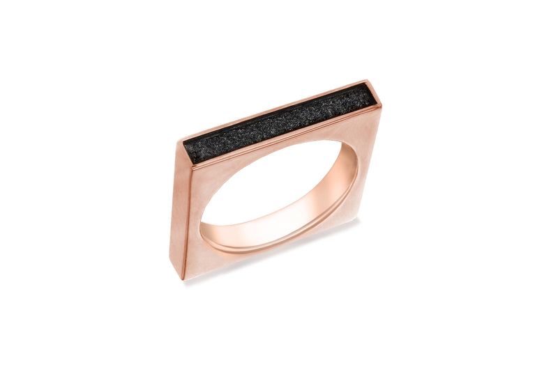 Sterling Silver Rose Gold Plated Black Glitter Square Ring