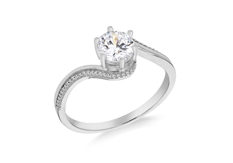 Sterling Silver Rhodium Plated Zirconia  Solitaire And Milgrain Ring