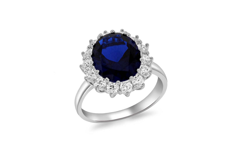 Sterling Silver Rhodium Plated Blue and White Zirconia  Cluster Ring