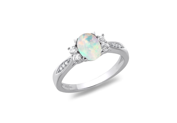 Sterling Silver Opal and White Zirconia Oval Shoulder Ring