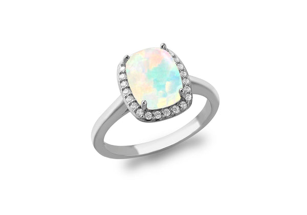 Sterling Silver Opal and White Zirconia Quad Halo Ring