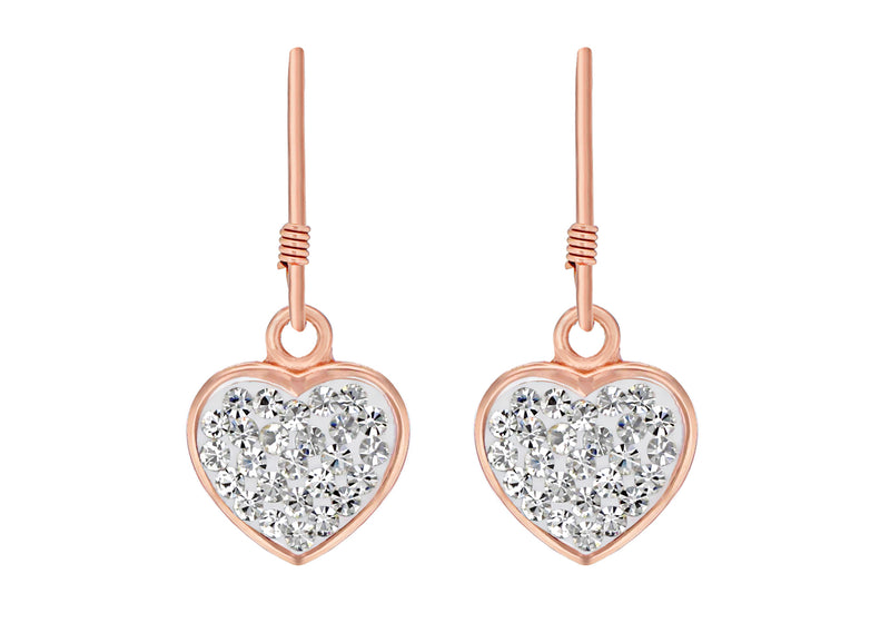 Sterling Silver Rose Gold Plated Crystal Pave Heart Drop Earrings