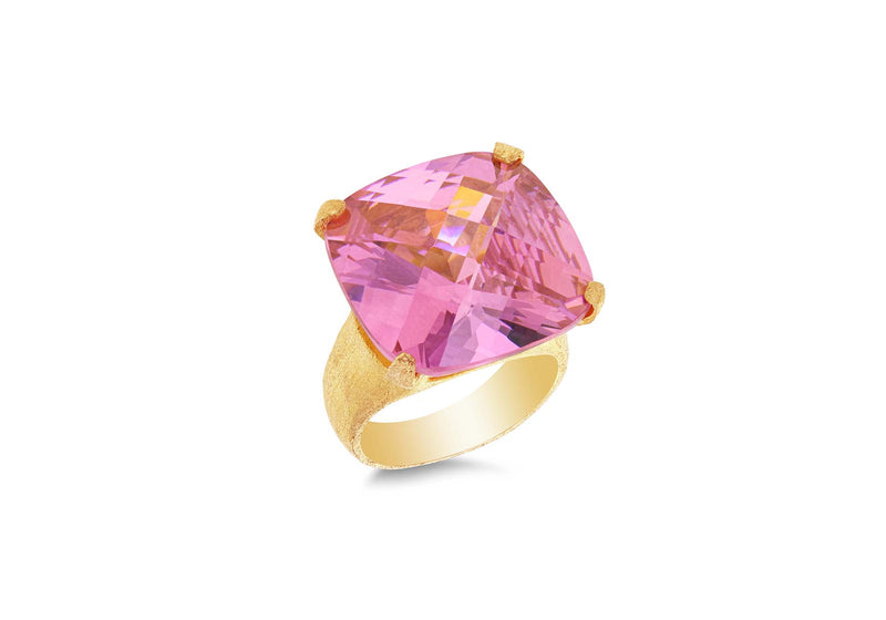 Sterling Silver Gold Plated Large Pink Square Zirconia  Faet Ring