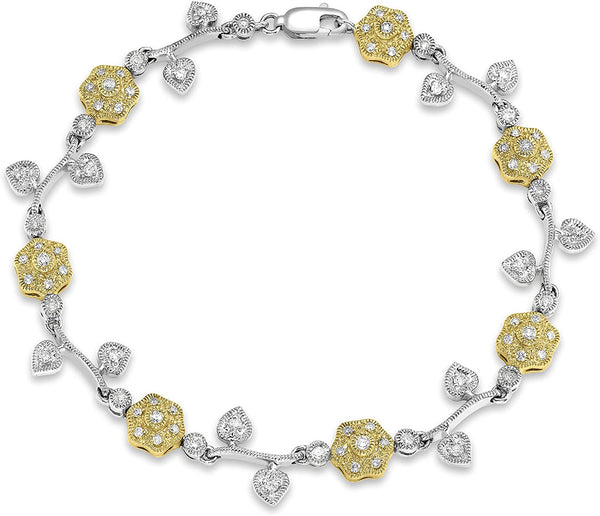 9ct White Gold 1.00ct Diamond Flowers & Leaf Bracelet
