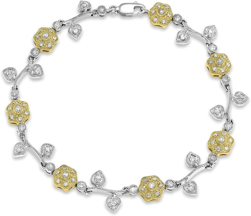 9ct Two-Tone Gold 1.00ct Diamond Flower & Leaf Bracelet