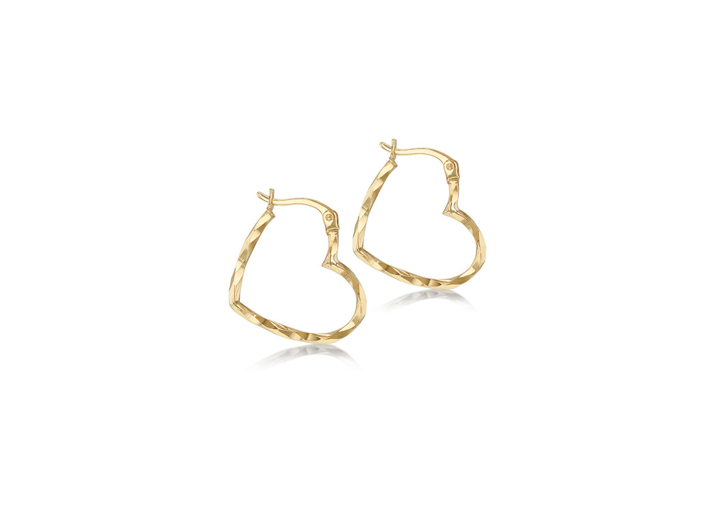 9ct Gold Diamond-Cut Open Heart Hoop Earrings