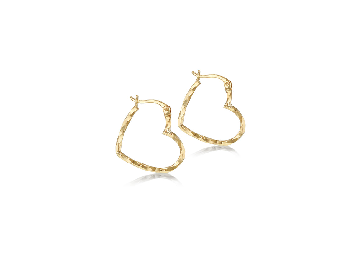 9ct Gold Diamond-Cut Open Heart Hoop Earrings