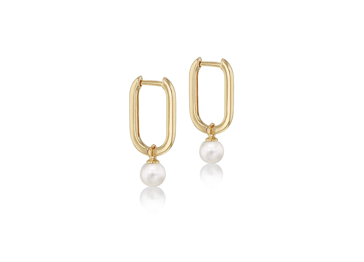 9ct Gold Freshwater Pearl Drop Elongated Huggie Hoop Earrings