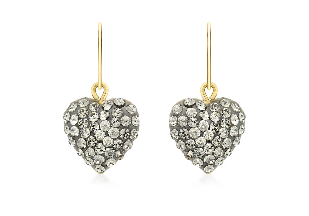 9ct Yellow Gold Grey Crystalique Puffed Heart Drop Earrings