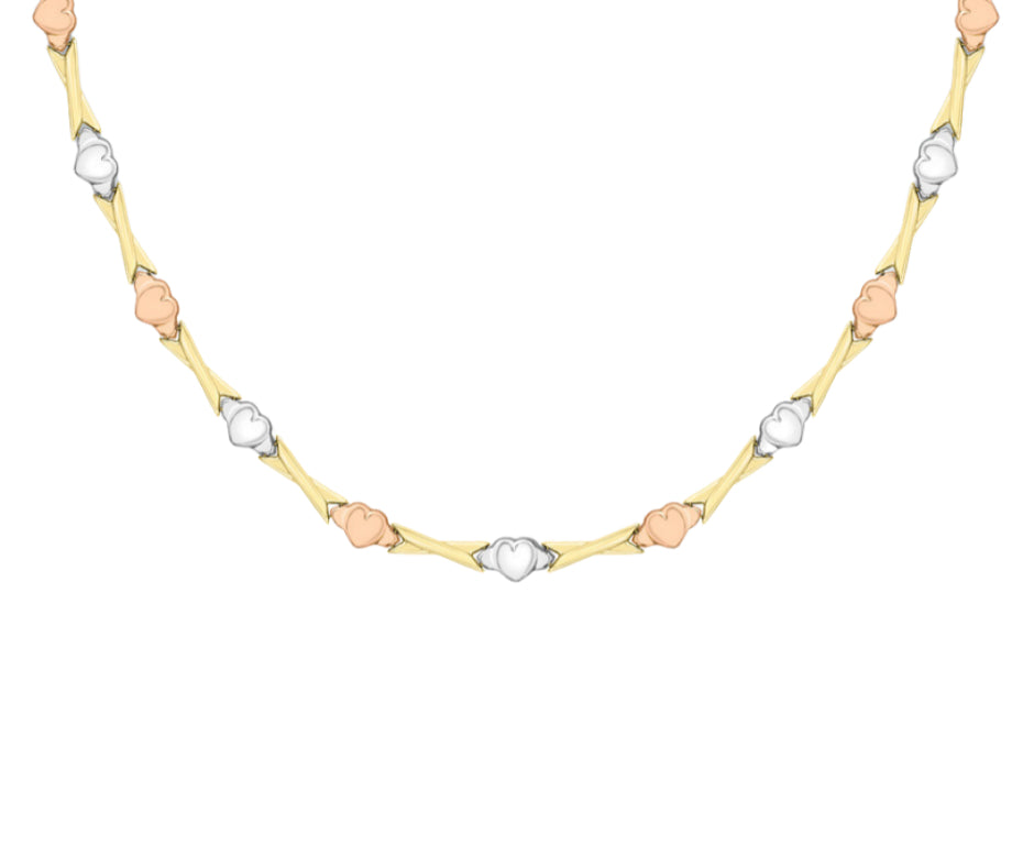9ct 3-Tone Gold Hearts and Kisses Links Necklace