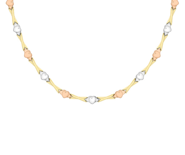 9ct 3-Tone Gold Hearts and Kisses Link Necklace