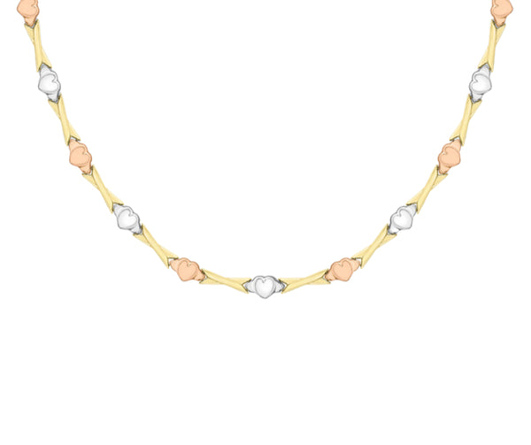 9ct 3-Tone Gold Hearts and Kisses Links Necklace