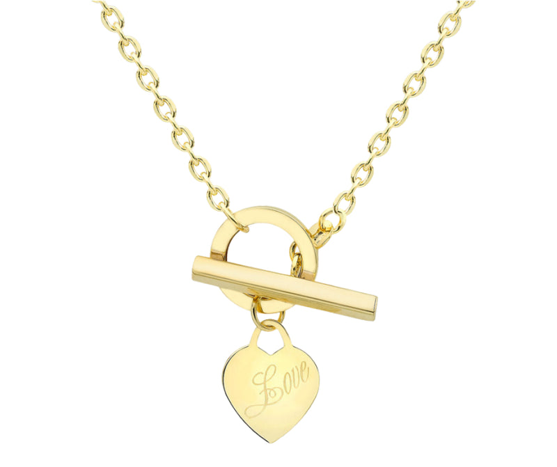 9ct Yellow Gold Heart Tag T-Bar 'Love' Necklace