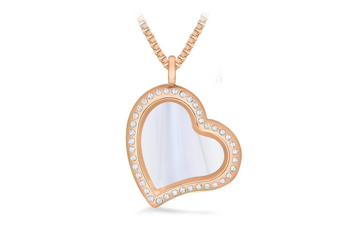 Rose Coloured Crystal Heart Treasure Charm Locket on Box Chain