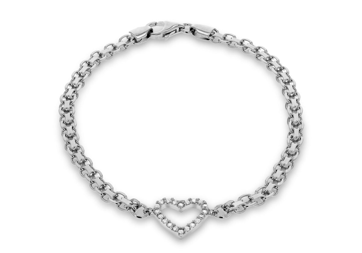   Sterling Silver Rhodium Plated Zirconia Open Heart Link Bracelet