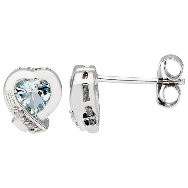 9ct White Gold 0.015ct Diamond and 0.45ct Aquamarine Heart Stud Earrings