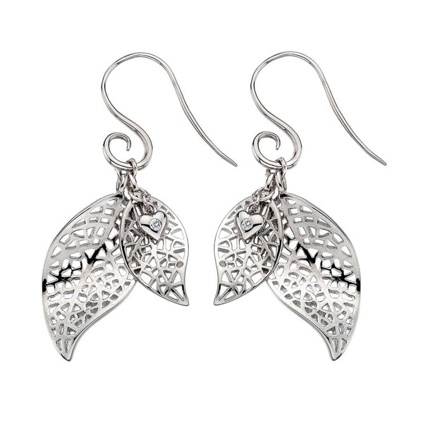 Intricate Leaf And Heart Drop Earrings Hand-Set With A Diamond Accent