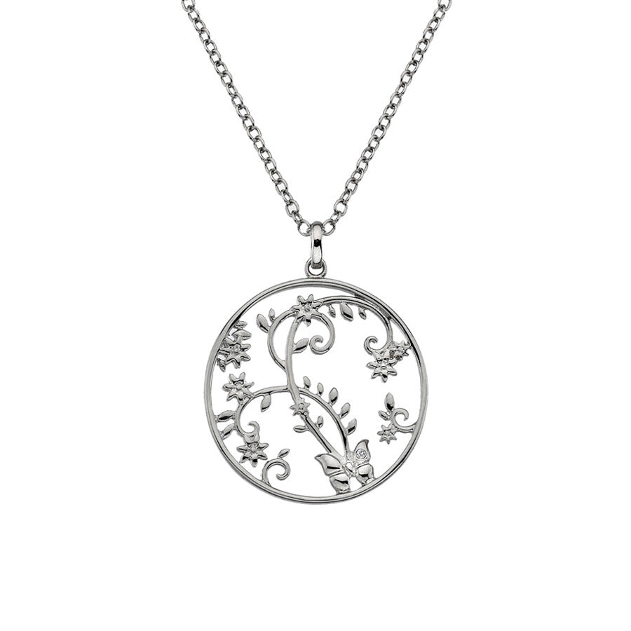 Openwork Floral Butterfly Disc Necklace  Hand-Set With A Diamond Accent