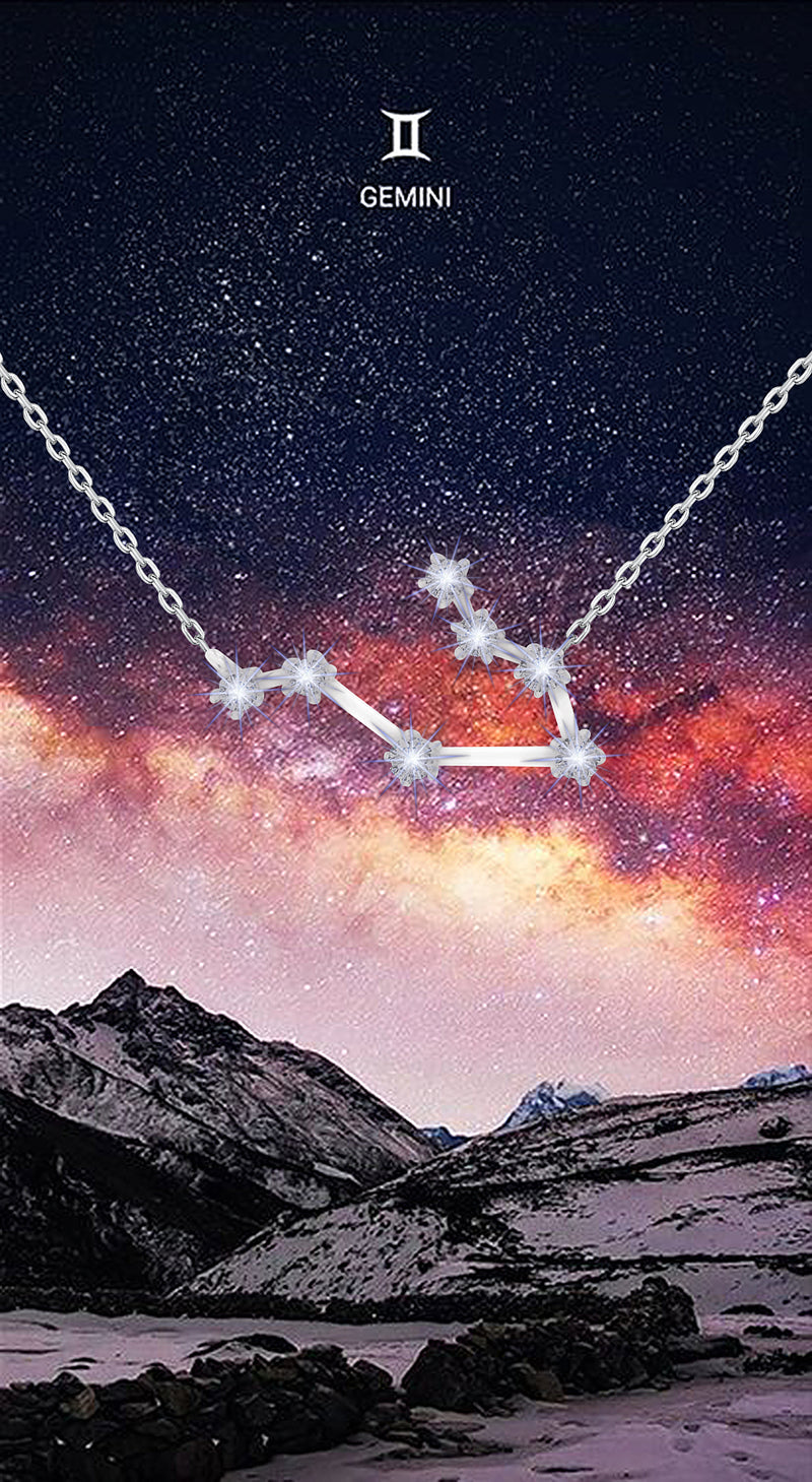 Sterling Silver White Zirconia Gemini Star Constellation Necklace