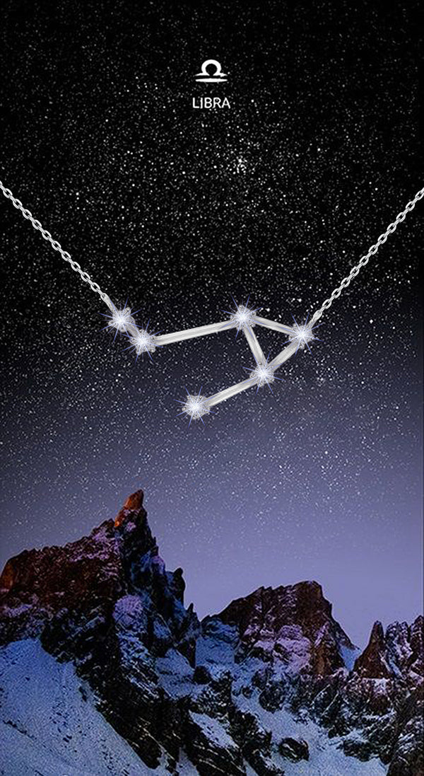 Sterling Silver White Zirconia Libra Star Constellation Necklace
