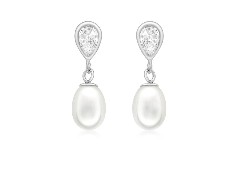 9ct White Gold Pearl Zirconia Teardrop Earrings
