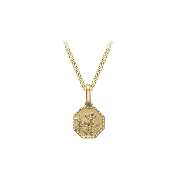 9ct Yellow Gold Diamond Cut Satin Octagonal St Christopher Pendant