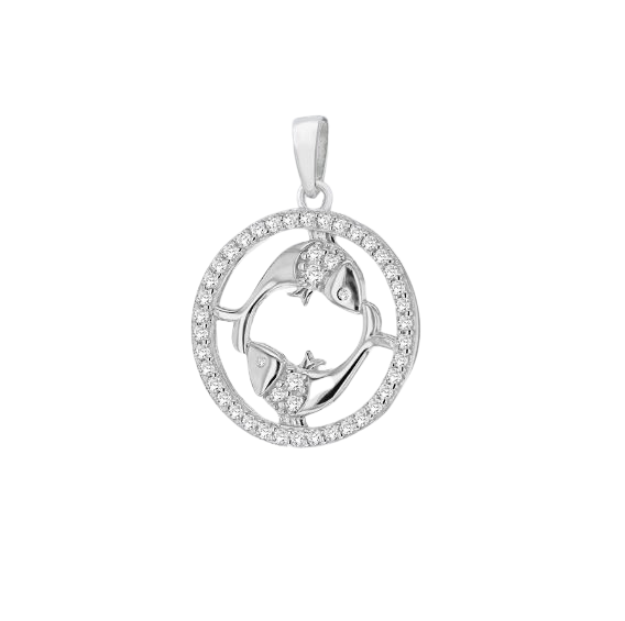 Sterling Silver Rhodium Plated Zirconia  19.3mm x 26.5mm Pises Horoscop Round Pendant