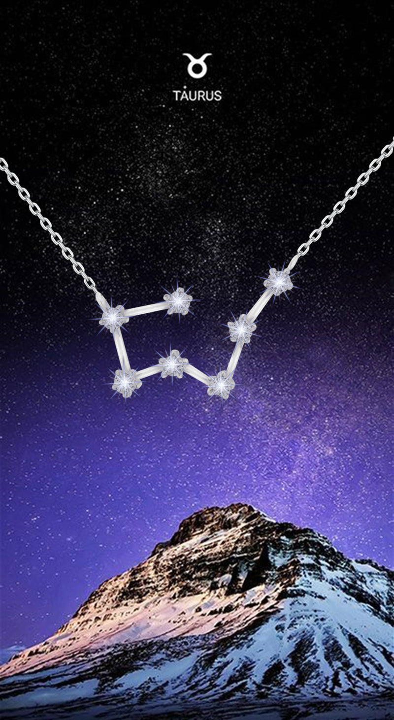 Sterling Silver White Zirconia Taurus Star Constellation Necklace